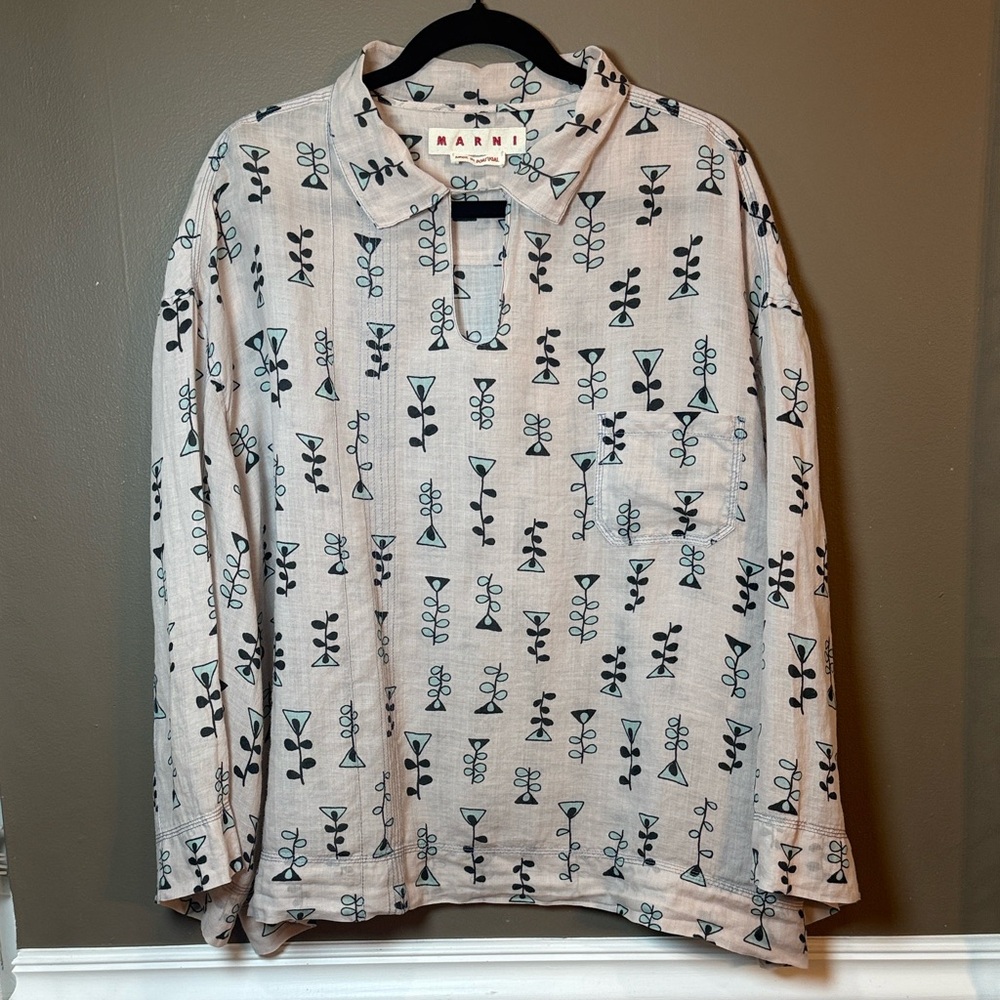 Marni Vine Printed Ramie‎ Wide Sleeve Blouse IT 48 US 12 Oversized Made Portugal